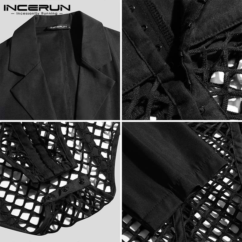 Men's Suits Blazers Men's Sexy Leisure Jumpsuits Male Long Sleeved Breathable Mesh Patchwork Suits Shirt Jumpsuits S-5XL INCERUN Tops 230515
