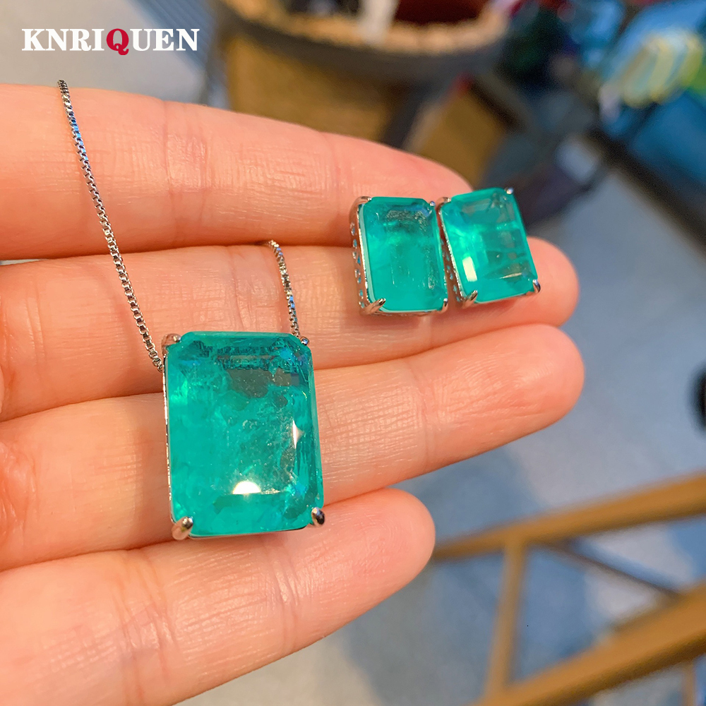 Wedding Jewelry Sets Vintage Jewelry Sets for Women Lab Paraiba Tourmaline Emerald Wedding Party Earrings Pendant Necklace Anniversary Gift Wholesale 