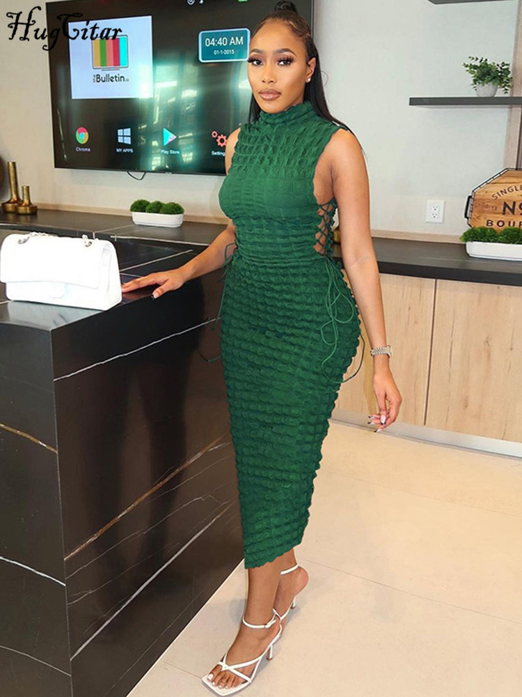 Casual Dresses Hugcitar Solid Turtleneck Sleeveless Hollow Out Bandage Maxi Prom Dress Sexy Bodycon Summer Women Elegant Outfits Evening Party 230512