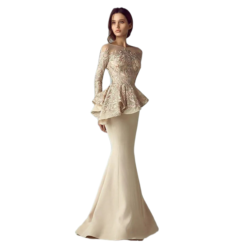 Chic Long Sleeves Mermaid Mothers Dresses With Peplum Lace Appliques Formal Evening Gowns Sweep Train Champagne Satin Mother Of The Bride Groom Weddin