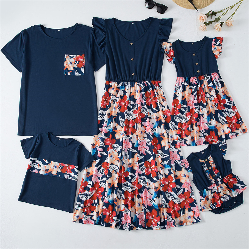 Family Matching Outfits Hiheart Mom And Daughter Dresses Fluttersleeve Dad Son TShirts Short Sleeve Floral Print Look 230512