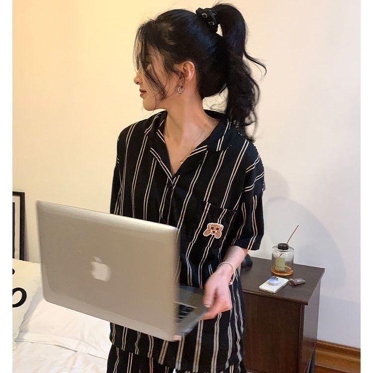 Women's Sleepwear Pijama Summer Nightwear Female Short Sleeve ins cartoon cute bear pocket print Student Korean cardigan home suit 230515