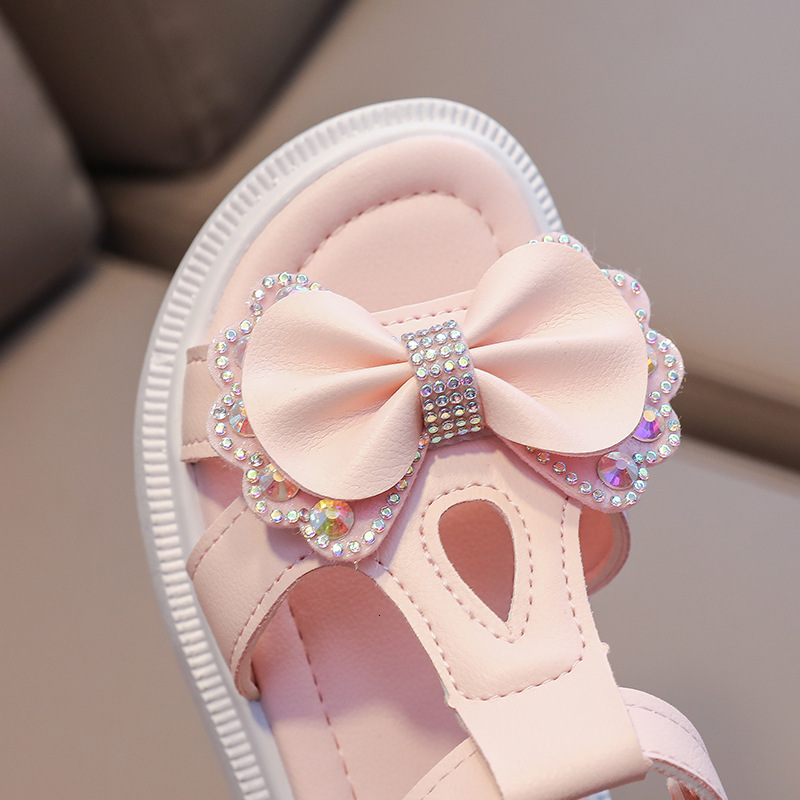 Sandals Summer Kids Sandals for Girls Princess Shoes Baby Fashion Crystal Bowtie Children's Beach Shoes Soft Soled 230515