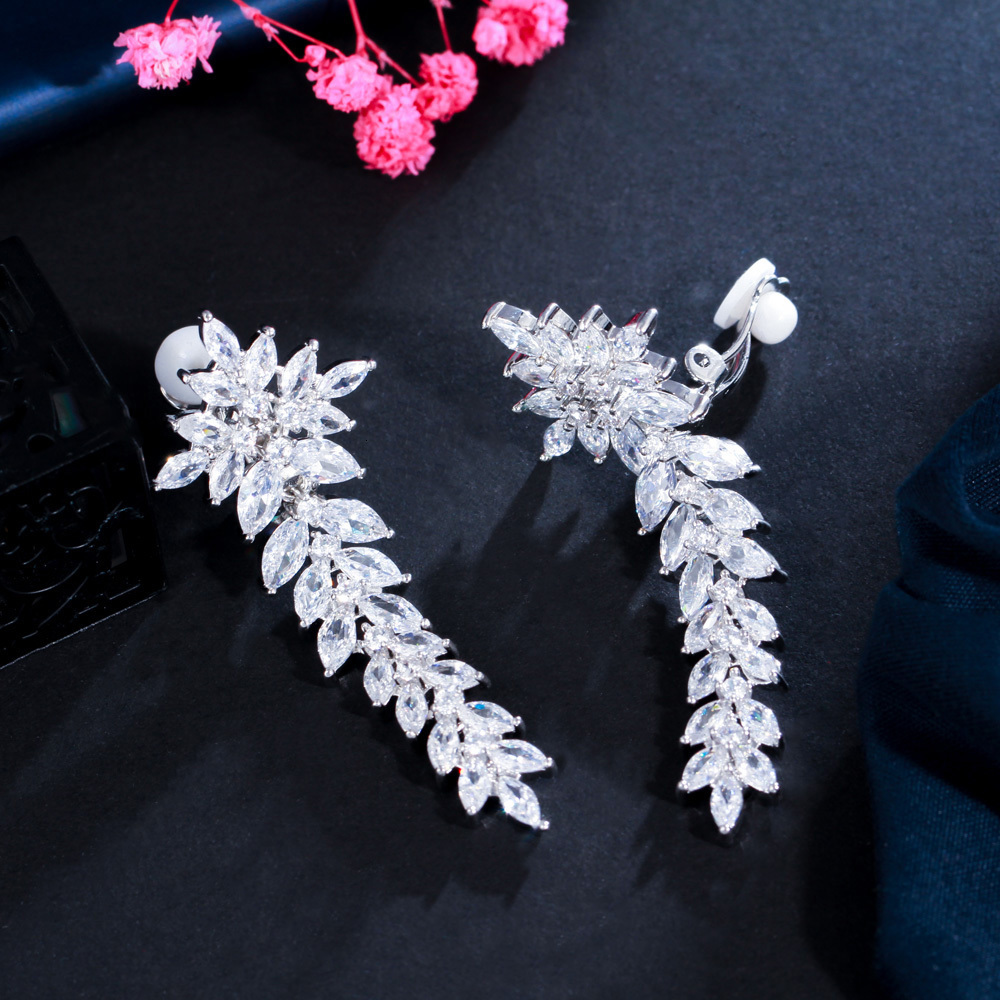 Ear Cuff CWWZircons Long Leaf Drop Clip Earrings Without Perforated Earrings Cubic Zirconia Crystal Set Women's Wedding Party Accessories CZ404 2
