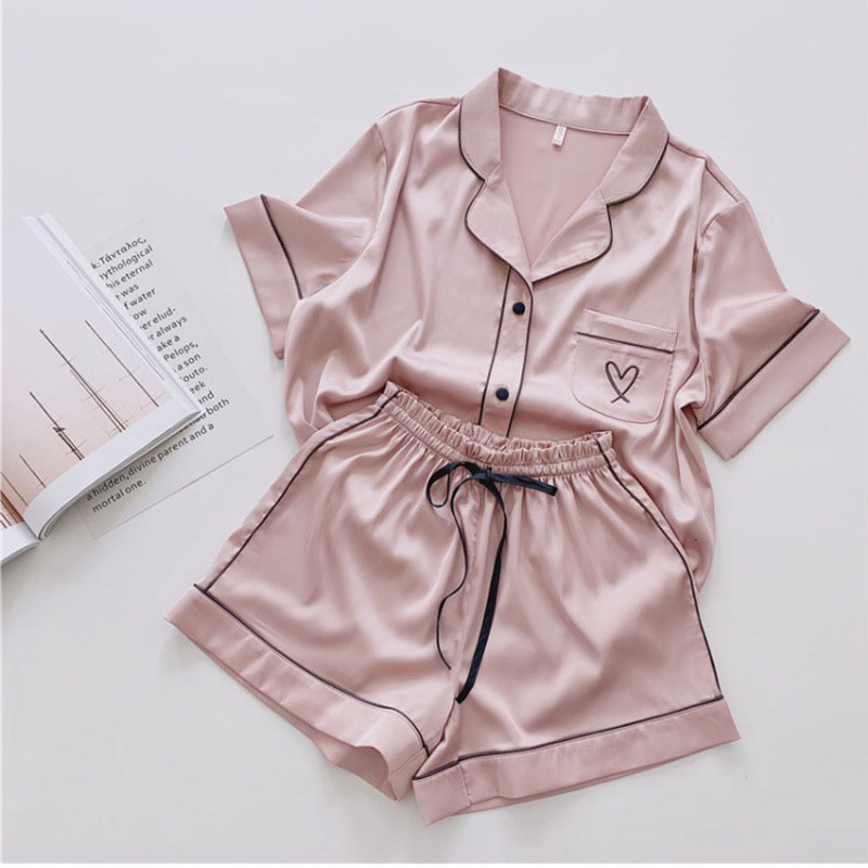 Women's Sleepwear Two Piece Set Satin Silk Pajamas for Women Heart Embroidery Sleepwear Home Suit Elegant Summer Short Loungewear Home Clothes 23