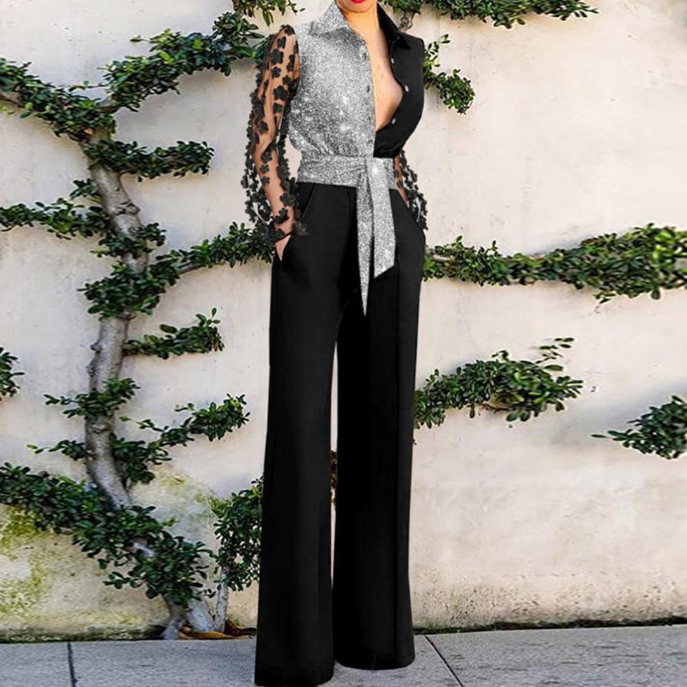 Women's Two Piece Pants Pockets Women Jumpsuit Patchwork Jumpsuit Belt Flower Decor Net Yarn Sleeve Turn-Down Collar Color Lady Jumpsuit 230512