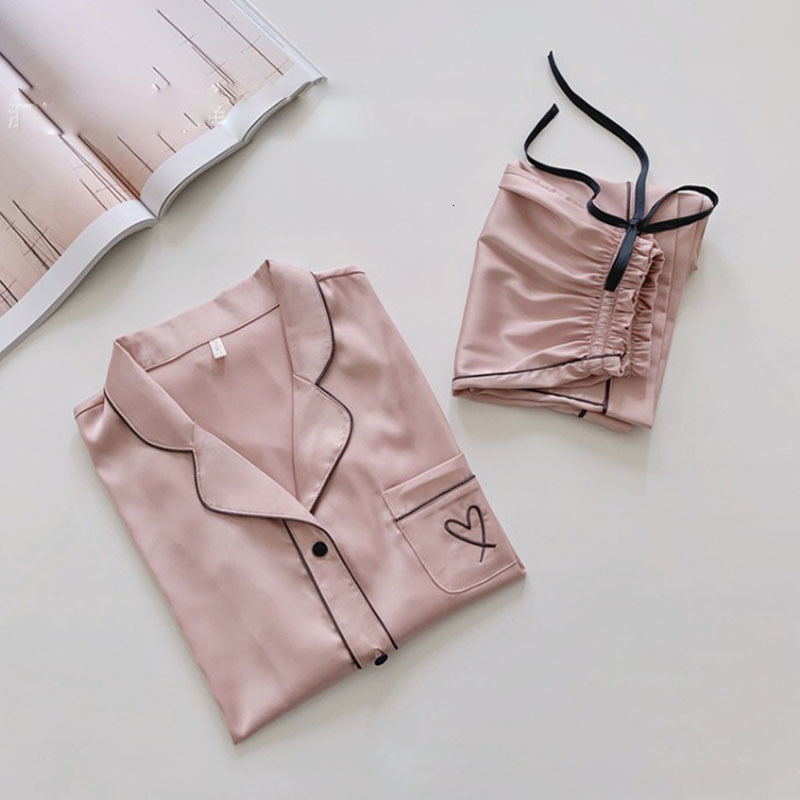 Women's Sleepwear Two Piece Set Satin Silk Pajamas for Women Heart Embroidery Sleepwear Home Suit Elegant Summer Short Loungewear Home Clothes 23