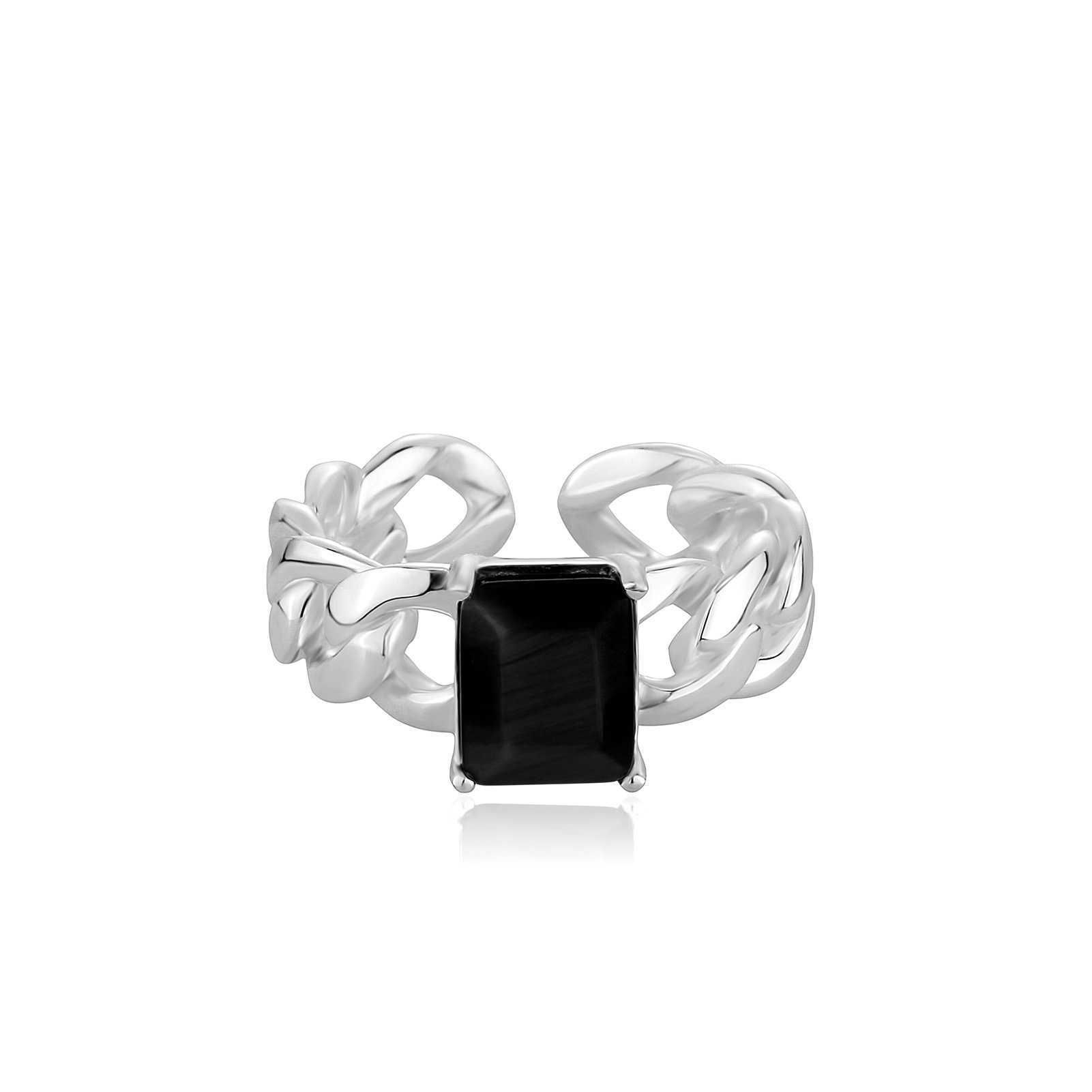 S925 Sterling Silver Square Natural Crystal Ring For Women Open Cuff Adjustable Hollow Cuban Chain Finger Band Rings Korean Style INS Niche Design Ope