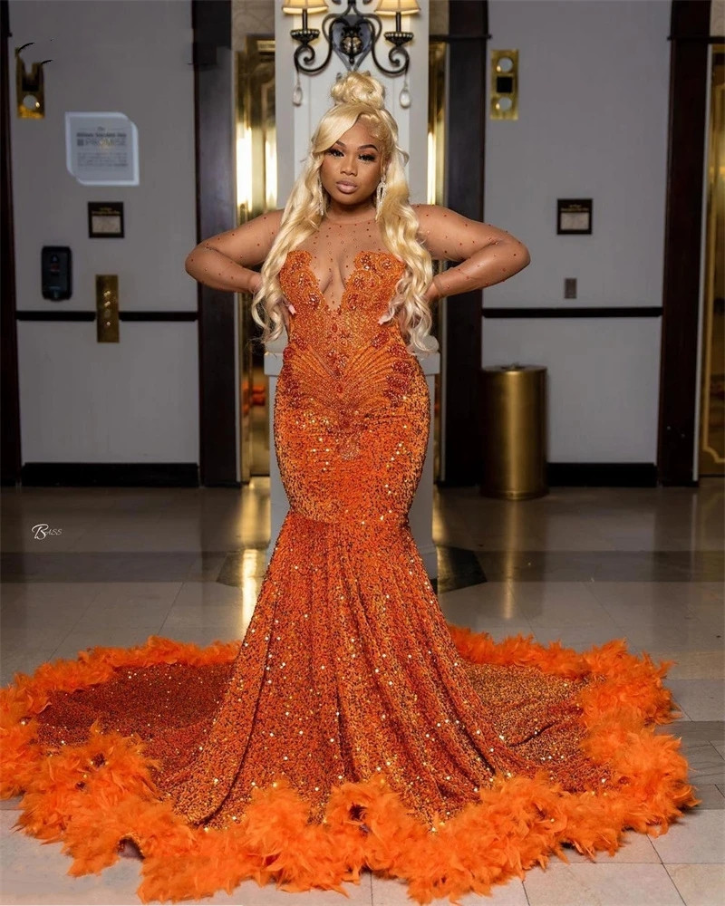 New Arrival Orange Mermaid Prom Dress Sparkly Beads Crystal Feathers Sequins Birthay Party Gown Robe De Bal