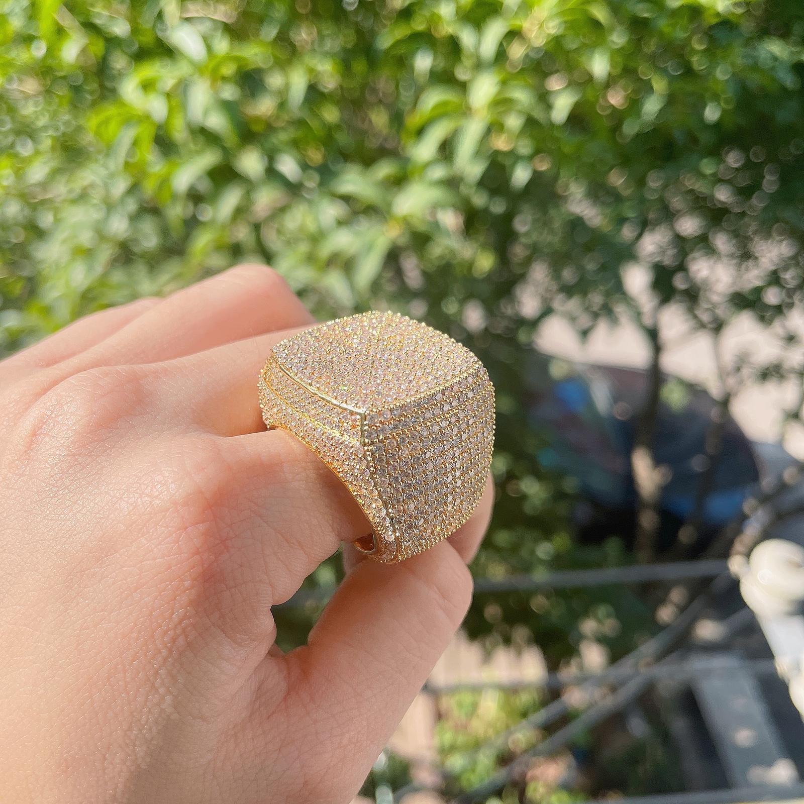 With Side Stones Iced Out Ring for Men Real Gold Plated Prong Setting Copper CZ Stones Hip Hop Fashion Jewelry Trend 13 16 31 230512