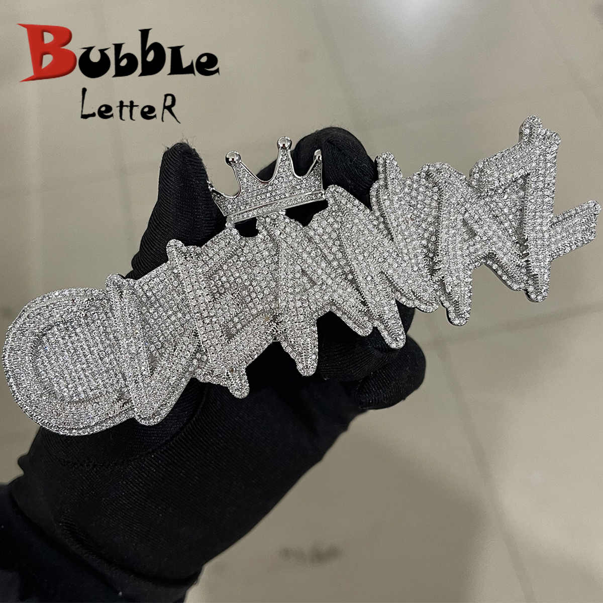 Charms Bubble Letter Name Necklace Personalized Customization Jewelry Platinum Chromium Crown Blind Window Rap Singer Sparkling Charm Hip Hop Trend 23
