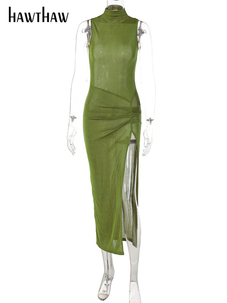 Casual Dresses Hawthaw Women Sleeveless Party Club Evening Bodycon Green Split Long Dress Summer Clothes Wholesale Items For Business 230512