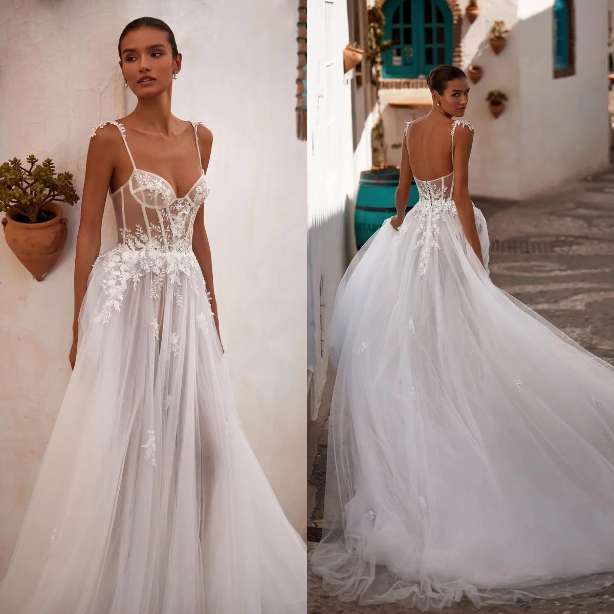 Julie Vino 2023 Bohemian Wedding Dresses Boho Spaghetti Neck Lace Appliqued Bridal Gowns A Line Beach Vestido De Noiva