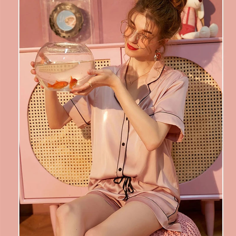Women's Sleepwear Two Piece Set Satin Silk Pajamas for Women Heart Embroidery Sleepwear Home Suit Elegant Summer Short Loungewear Home Clothes 23