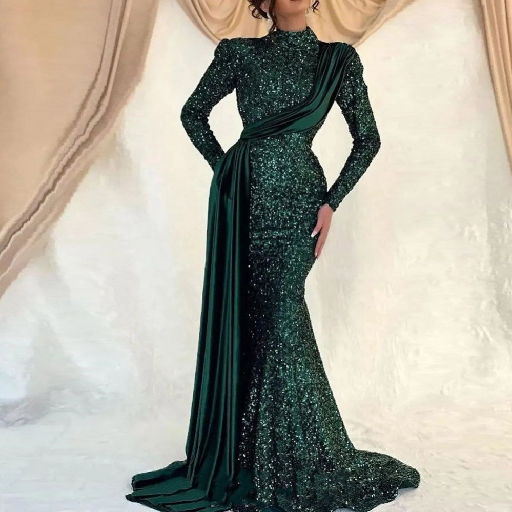 Modest Dark Green Formal Evening Dresses 2023 High Neck Long Sleeves Sequined Muslim Formal Women Prom Gowns Ruffle Robe De Soiree Festa