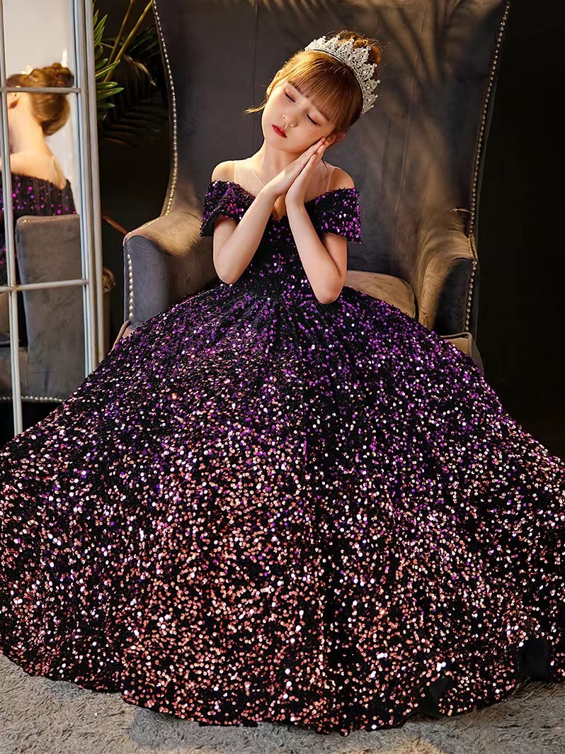 Arabic Princess Flower Girls Dresses 3D sequined blingbling purple Baby Toddler Girls Adorable Kids Birthday First Holy Communion Dresses 2023 christm