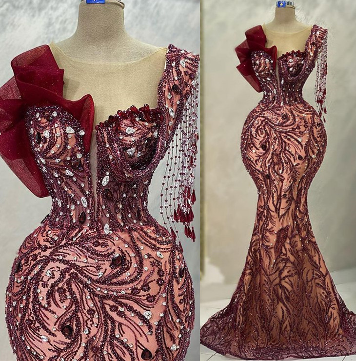 2023 May Aso Ebi Burgundy Mermaid Prom Dress Beaded Crystals Sexy Evening Formal Party Second Reception Birthday Engagement Gowns Dress Robe De Soiree