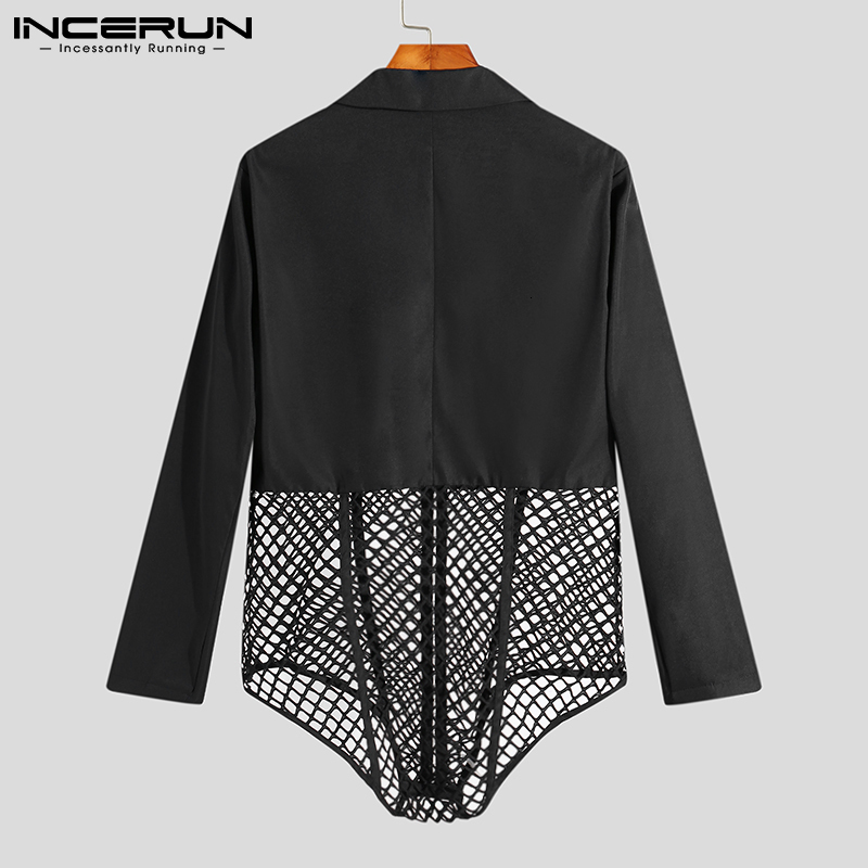 Men's Suits Blazers Men's Sexy Leisure Jumpsuits Male Long Sleeved Breathable Mesh Patchwork Suits Shirt Jumpsuits S-5XL INCERUN Tops 230515