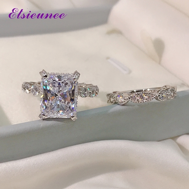 With Side Stones ELSIEUNEE Classic 100% 925 Sterling Silver Simulated Diamond Wedding Engagement Bridal Ring Sets Fine Jewelry Gifts 230512