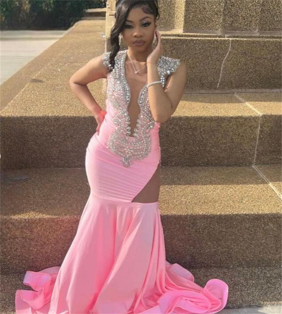 New In Pink Prom Dress 2023 With Beaded Elegant Plus Size Mermaid Evening Gowns Black Girl Formal Occasion Night Party Dress Nigeria African Ceremony 