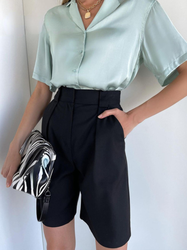 Women's Shorts Women's Summer Shorts Long with High Waist Female Loose White Classic Knee-Length Office Wide Women's Shorts Black Candy