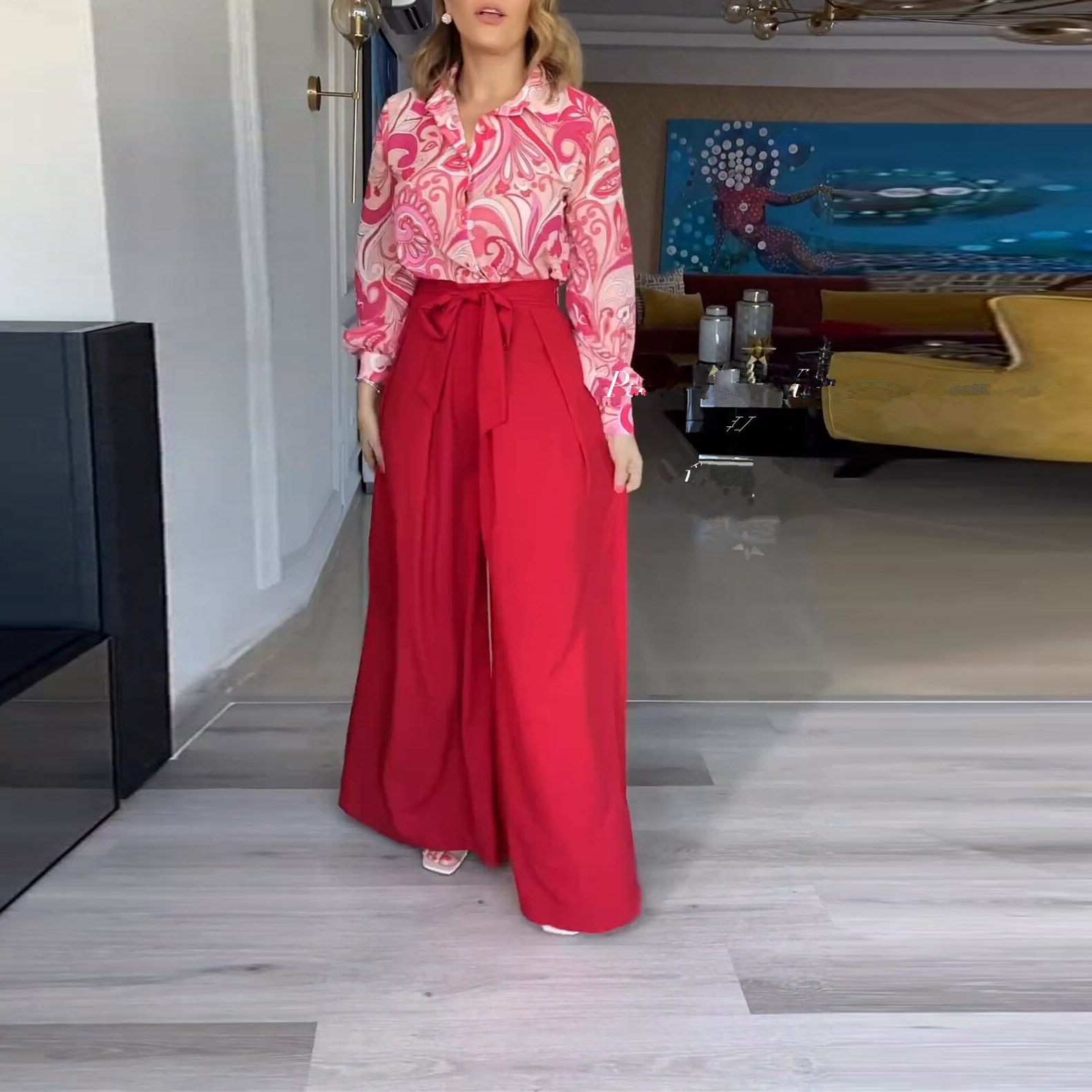 Women's Two Piece Pants Women Two Piece Pants Sets Long Sleeve Lapel Button Top Loose Wide Legs Printing Trousers Ladies Elegant Streetwear Summe