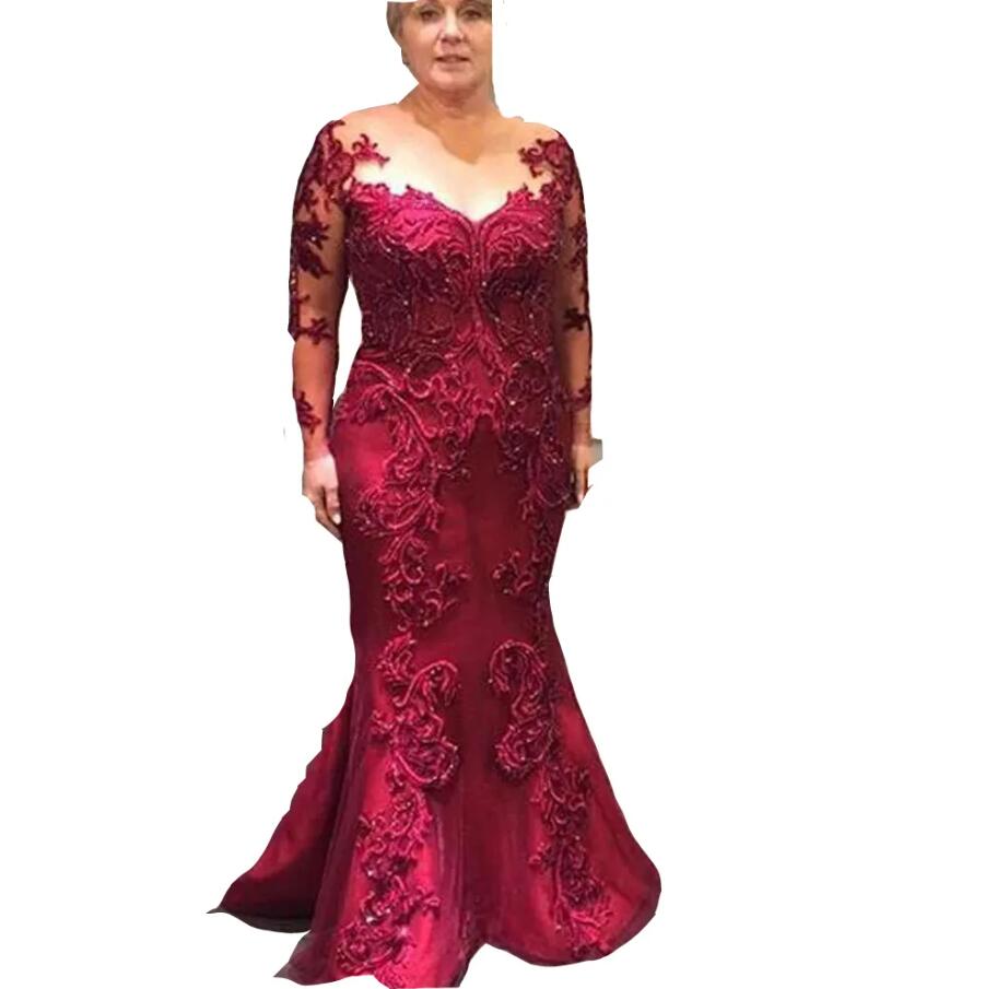 Burgundy Mother Of The Bride Dresses Dark Red Mermaid Illusion Long Sleeves Lace Appliques Party Evening Wedding Guest Gowns