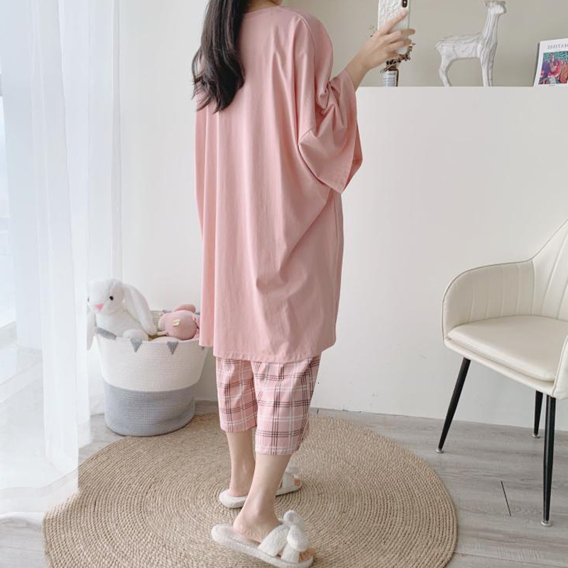 Women's Sleepwear Large Size 6XL 150KG Summer Women Pajamas Set O Neck Short Sleeve Tops and Calf-length pants Black Sweet Sleepwear Pajamas Suit