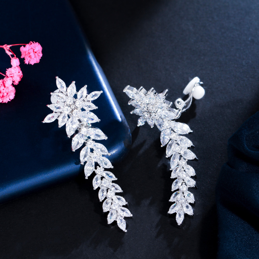 Ear Cuff CWWZircons Long Leaf Drop Clip Earrings Without Perforated Earrings Cubic Zirconia Crystal Set Women's Wedding Party Accessories CZ404 2