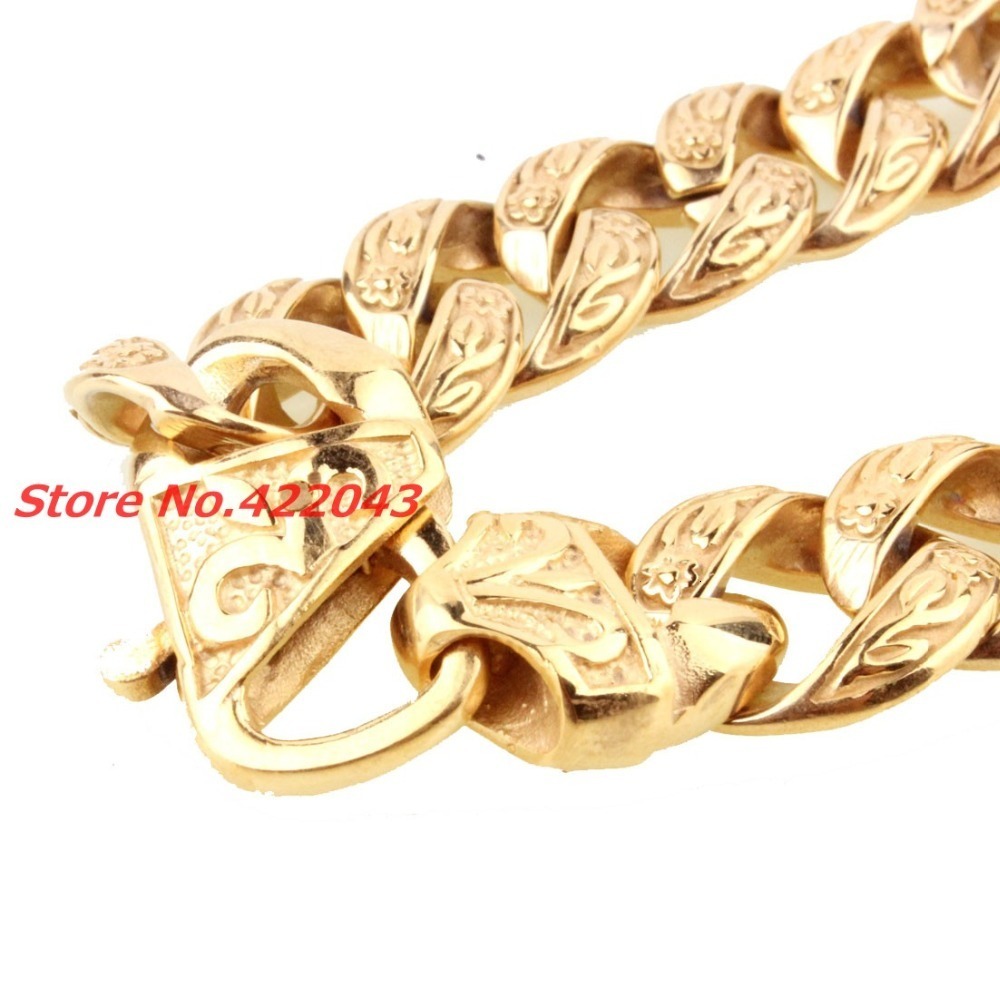 Chain Fashion Men's Bracelet 15mm Pure Gold Stainless Steel Cast Flower Cuban Link Chain Bracelet 9 "Jewelry Top Quality 230512
