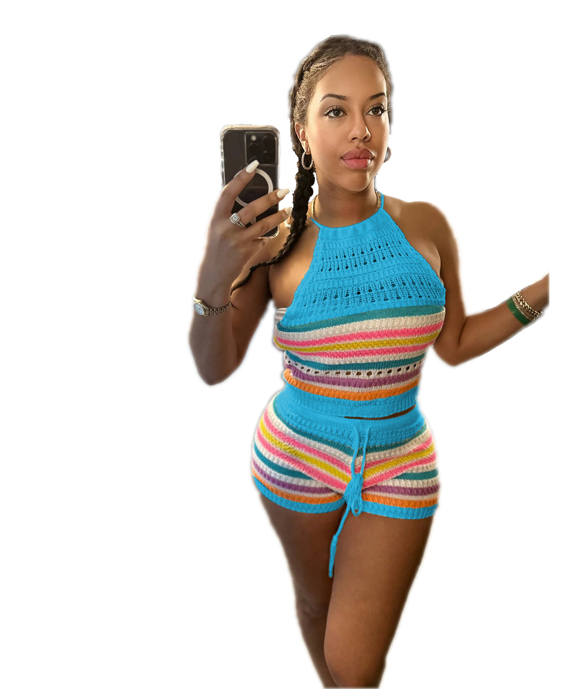 Women's Knitted | Striped Vintage High Waist Casual Mini Shorts For Ladies