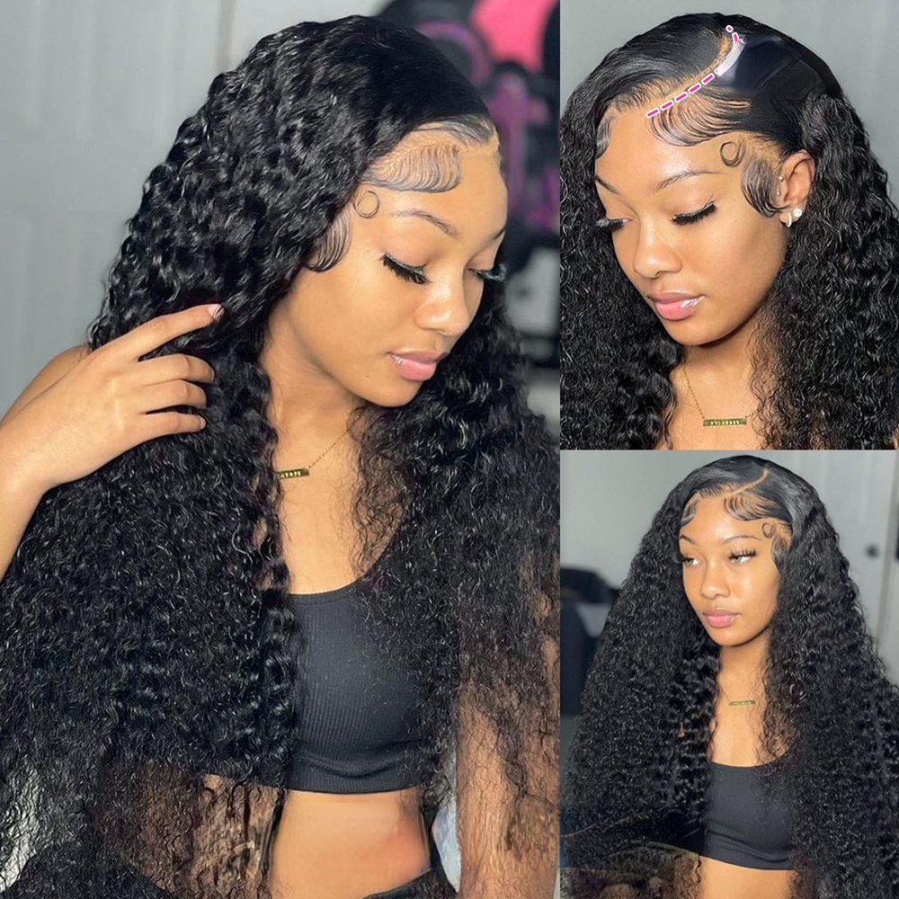 180Ddensity Curly Simulation Human Hair Wigs Brazilian Water Wave Lace Front Wigs For Black Women Pre Plucked Black Color Deep Wave Synthetic Frontal 