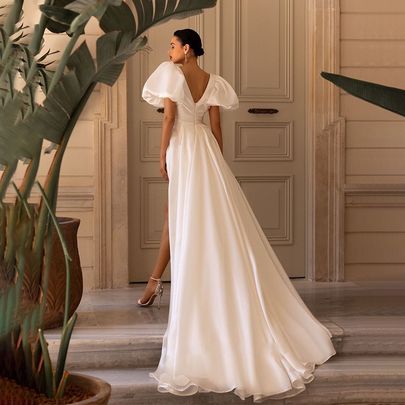 Mordern Organza Wedding Dress 2023 V-Neck Puff Sleeves High Split Sweep Train A-Line Bridal Gown Vestidos De Novias Robe De Mariage