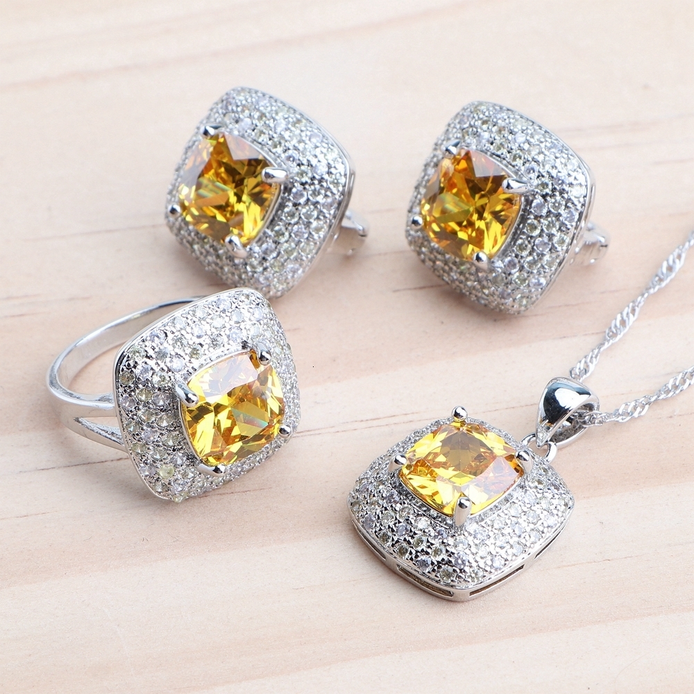 Wedding Jewelry Sets 925 Sterling Silver Jewelry Sets Bridal For Women Rings Wedding Jewelry Yellow Zircon Earrings Pendant Necklace Bracelets Set 230
