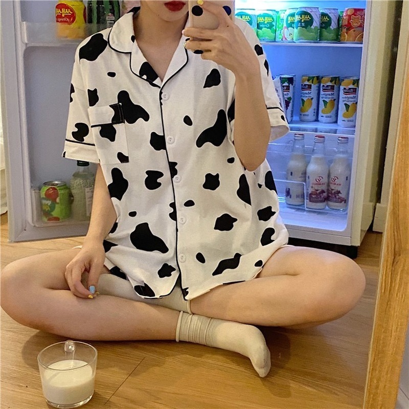 Women's Sleepwear Pijamas Women Pyjamas Cute Cow Print Pajamas Casual Comfortable Homewear 2 Piece Set Sleepwear Female Summer Drop 230515