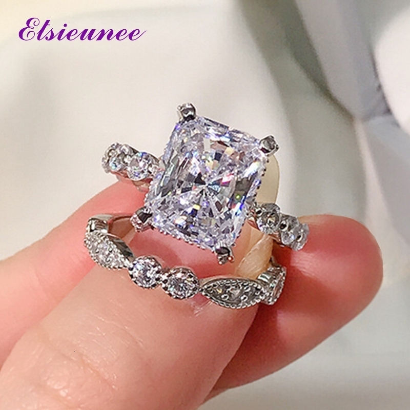 With Side Stones ELSIEUNEE Classic 100% 925 Sterling Silver Simulated Diamond Wedding Engagement Bridal Ring Sets Fine Jewelry Gifts 230512