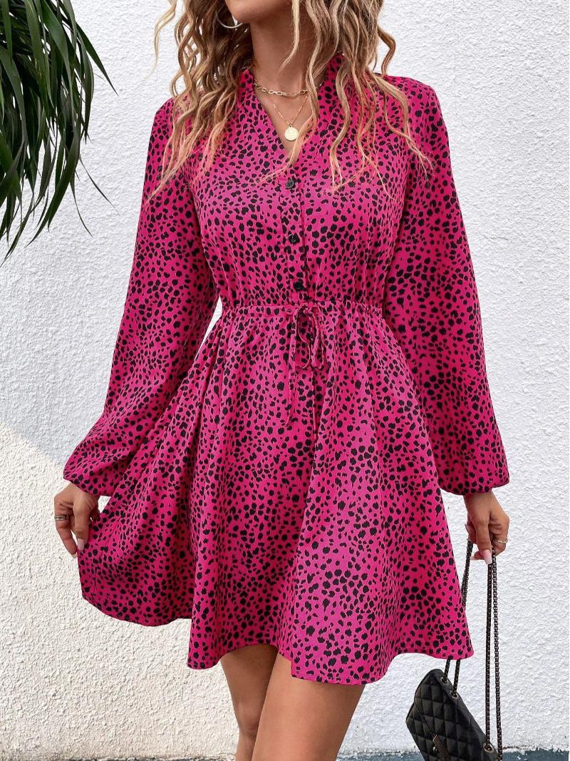 Casual Dresses 2024 Spring Holiday Beach Style Dot Print Short Dress Women Lace Up V Neck Long Sleeve Mini Ladies Clothes