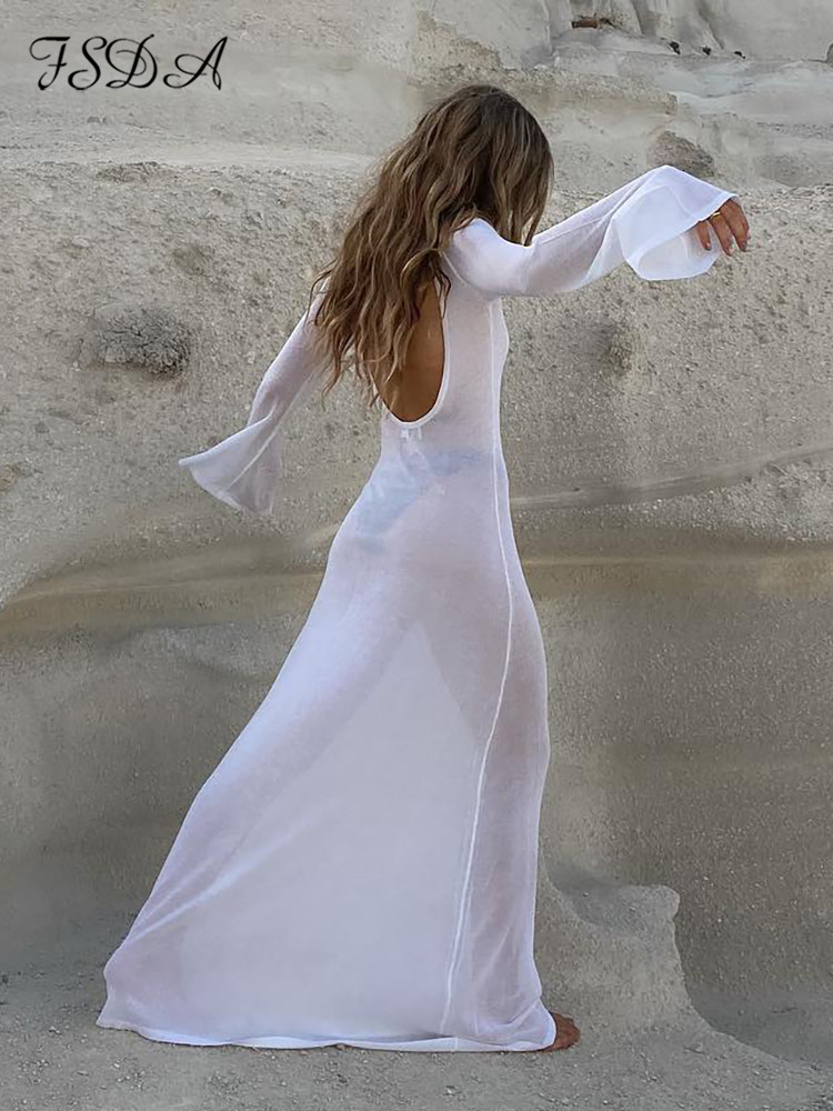 Casual Dresses FSDA Maxi Long Sleeve Women Dress Backless Club See Through Mesh Summer Sexy Party Beach Dresses Bodycon Casual 230512