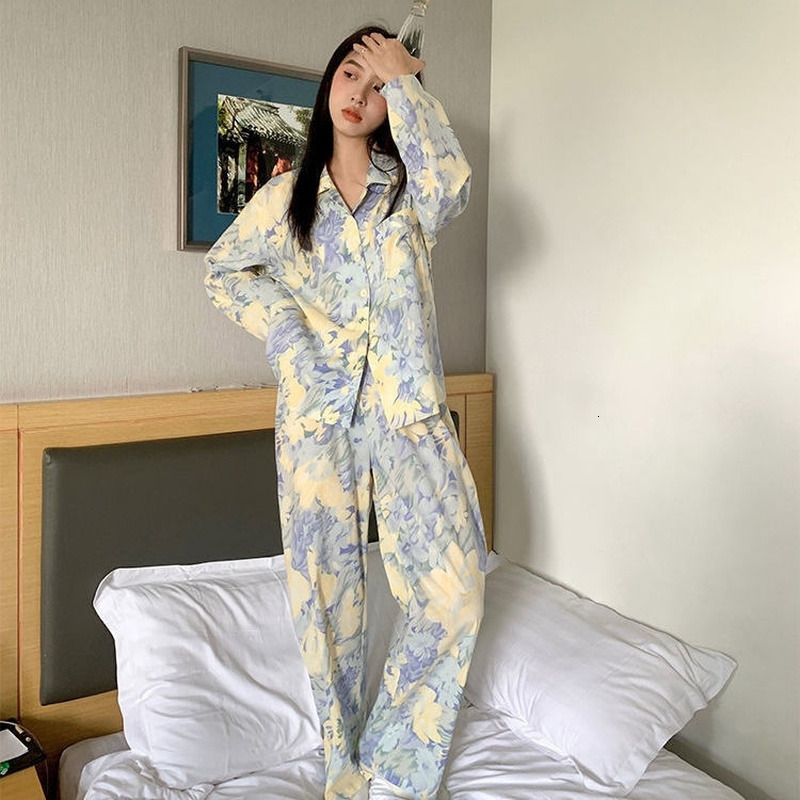 Women's Sleepwear Women Pajama Sets Spring Autumn Long Sleeve Floral Vintage Fashion Nightwear Loose Elegant Pyjamas Female Leisure 2-piece M-3XL