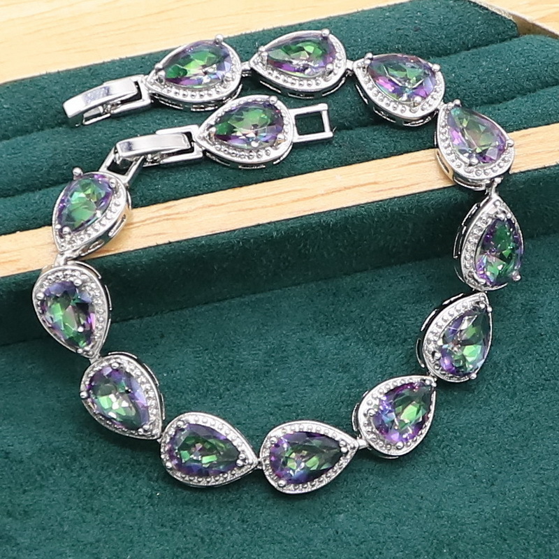 Wedding Jewelry Sets Water Drop Rainbow Topaz 925 Silver Wedding Jewelry set for Women Party Bracelet Earrings Necklace pendant Ring 230512