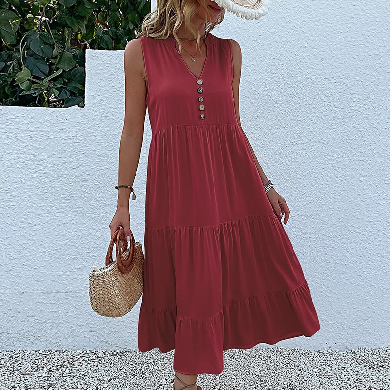Casual Sleeveless Tank Dress Women Summer V Neck Buttons Ruffle Midi Dresses 2023 Elegant Fashion Beach Loose Sundress