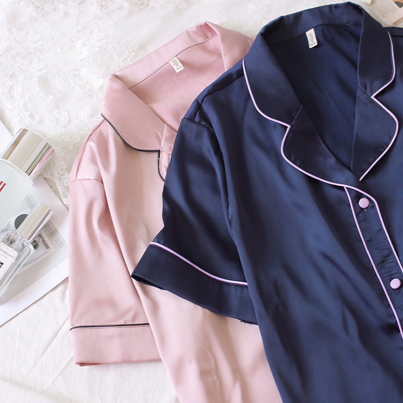 Women's Sleepwear Two Piece Set Satin Silk Pajamas for Women Heart Embroidery Sleepwear Home Suit Elegant Summer Short Loungewear Home Clothes 23