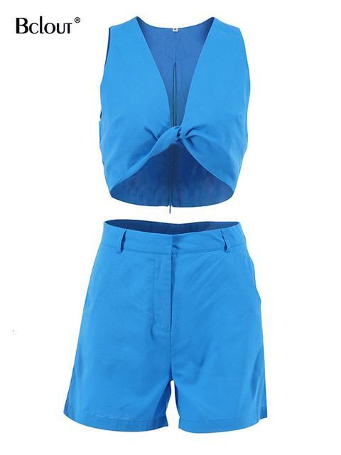Women's Two Piece Pants Bclout Summer Blue Linen Shorts Sets 2 Piece Outfits Women Vacation V-Neck Sexy Crop Tops Fashion Thin Straight Shorts Su