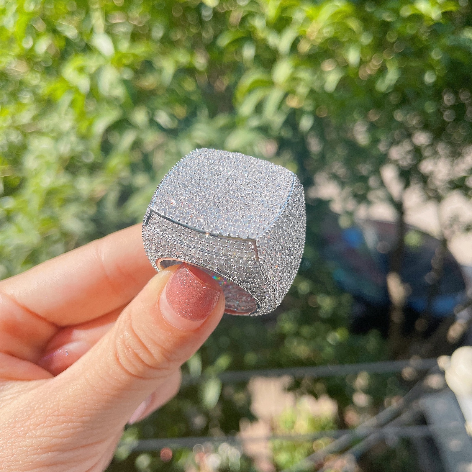 With Side Stones Iced Out Ring for Men Real Gold Plated Prong Setting Copper CZ Stones Hip Hop Fashion Jewelry Trend 13 16 31 230512