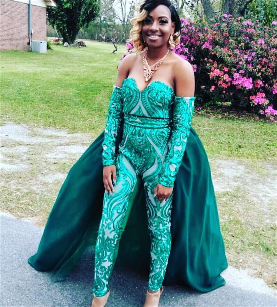 Emerald Green Sequin Jumpsuit Evening Dress 2023 Luxury Overskirt Train Black Girls Prom Dresses Sweetheart Birthday 15 Party Outfit formal occasion d