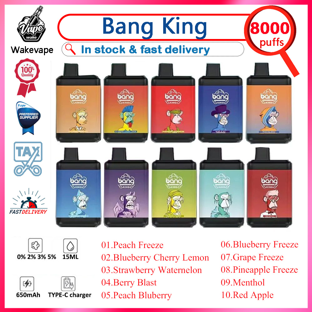 Original Bang King 8000 Puffs E Cigarette Disposable Vape Pen Device Rechargeable 650mah 15ml Cartridges pod Mesh Coil 10 Flavors 0% 2% 3% 5% Strength
Original Bang King 8000 Puffs E Cigarette Disposable Vape Pen Device Rechargeable 650mah 15ml Cartridges pod Mesh Coil 10 Flavors 0% 2% 3% 5% Strength
