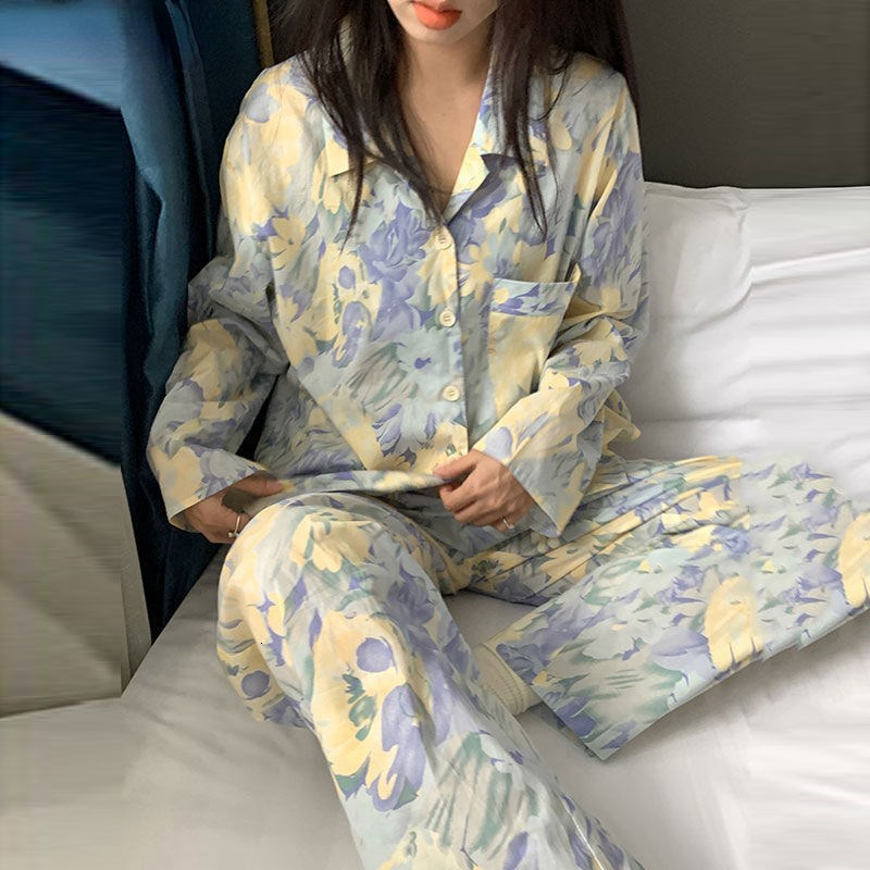 Women's Sleepwear Women Pajama Sets Spring Autumn Long Sleeve Floral Vintage Fashion Nightwear Loose Elegant Pyjamas Female Leisure 2-piece M-3XL