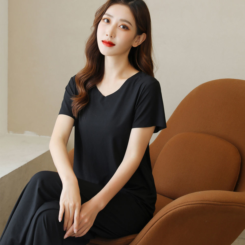 Women's Sleepwear Women's Ice Silk Pajamas Spring Summer Two Piece Sets V-neck Short Sleeve T-shirt Thin Home Clothes Wide Leg Pants Suit 23