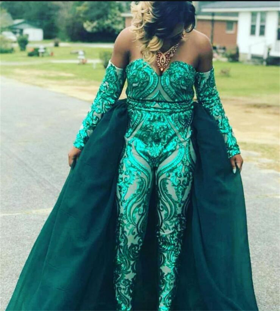 Emerald Green Sequin Jumpsuit Evening Dress 2023 Luxury Overskirt Train Black Girls Prom Dresses Sweetheart Birthday 15 Party Outfit formal occasion d