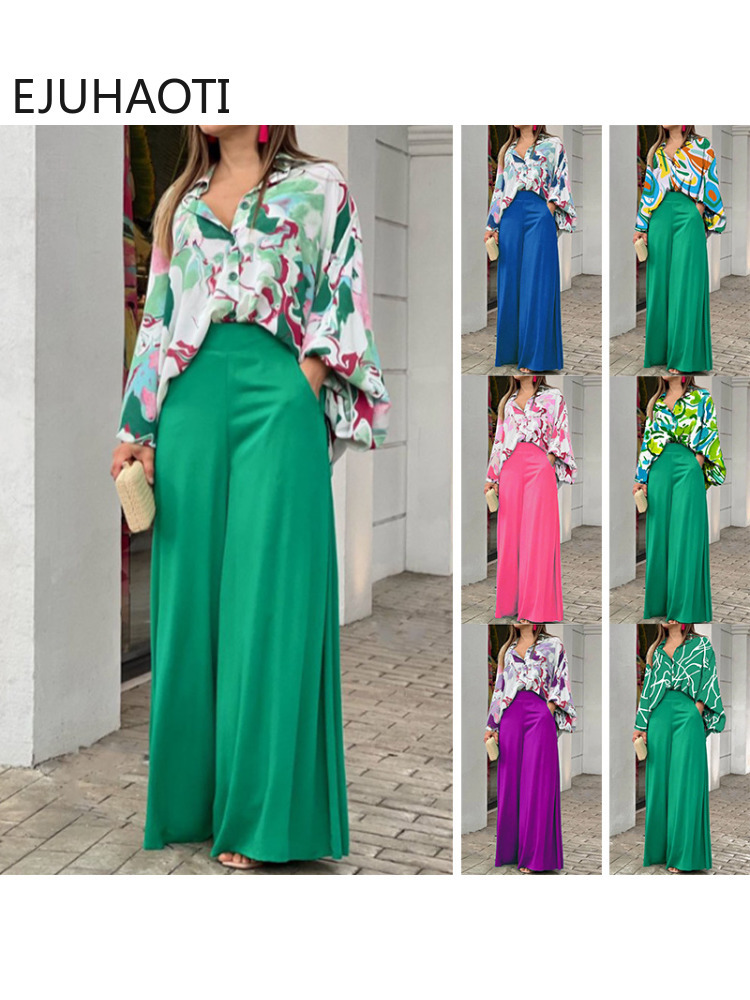 Women's Two Piece Pants Women Summer Loose Oversize Casual Printed Shirt and Wide Leg Pants Two-piece Set 2 Piece Sets Womens Outfits Sexy Blouse